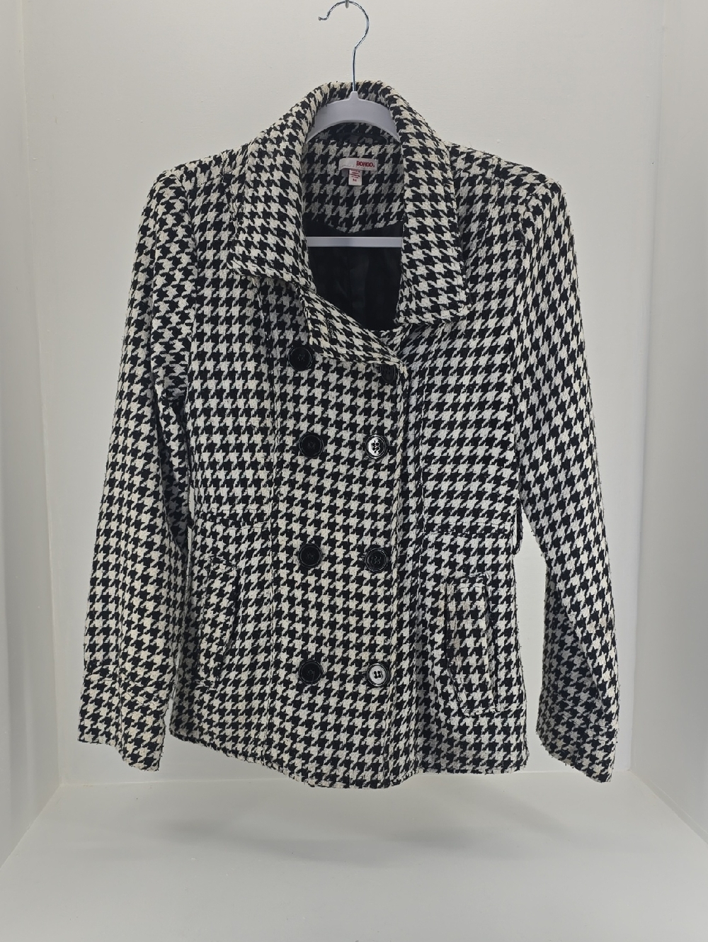 BONGO Black & White Houndstooth Double-Breasted Peacoat